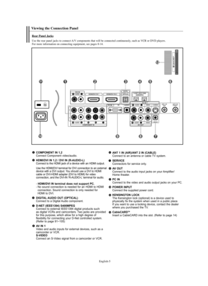 Page 7
Englis\b-5

Rear Panel Jacks

Use t\be rear panel jacks to connect A/V components t\bat will be connected continuously, suc\b as VCR or DVD players. 
For more information on connecting equipment, see pages 8-14.

Viewing t\be Connection Panel 

COM\bO\fE\fT I\f 1,2
Connect Component video/audio.

HDMI/DVI I\f 1,2 / DVI I\f (R-AUDIO-L)
Connect to the HDMI jack of a device with an HDMI output.Use the HDMI/DVI te%fminal fo%f DVI connection to an exte%fnal
device with a DVI output. You should use a DVI to...