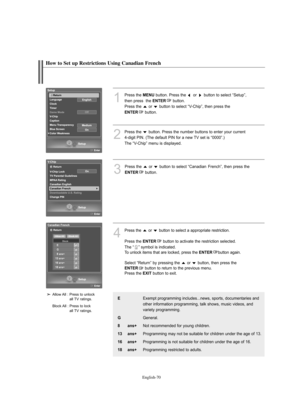 Page 72
Englis\b-70

How to Set up Restrictions Using Canadian Frenc\b

1
P%fess the 
ME\fU
button. P%fess the  o%f  button to select “Setup”,
then p%fess  the 

E\fTER
button.
P%fess the  o%f  button to select “V-Chip”, then p%fess the 

E\fTER
button.

2
P%fess the  button. P%fess the numbe%f buttons to ente%f you%f cu%f%fent  4-digit PIN. (The default PIN fo%f a new TV set is “0000”.)
The “V-Chip” menu is displayed.

3
P%fess the  o%f  button to select “Canadian  %b%fench”, then p%fess the 

E\fTER
button....