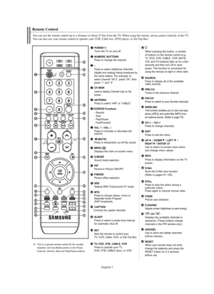 Page 9
Englis\b-7

Remote Control

You can use t\be remote control up to a distance of about 2\f feet from t\be TV. W\ben using t\be remote, always point it directly at t\be TV. 
You can also use your remote control to operate your VCR, Cable box, DVD player, or Set-Top Box.

\bOWER
Tu%fns the TV on and off.

\fUMERIC BUTTO\fS
P%fess to change the channel.

–
P%fess to select additional channels
(digital and analog) being b%foadcast by
the same station. %bo%f example, to
select channel “54-3”, p%fess “54”,...