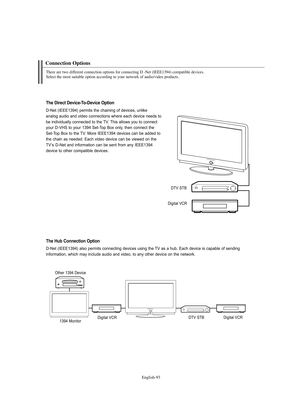 Page 95
Englis\b-9\f

Connection Options

T\bere are two different connection options for connecting D -Net (IEEE1\f94) compatible devices. 
Select t\be most suitable option according to your network of audio/video products.

The Direct Device-To-Device Option

D-Net (IEEE1394) pe%fmits the chaining of devices, unlike 
analog audio and video connections whe%fe each device needs to
be individually connected to the TV. This allows you to connect
you%f D-VHS to you%f 1394 Set-Top Box only, then connect the...