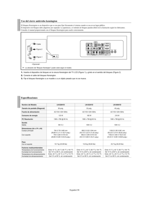 Page 178Español-58
1.Inserte el dispositivo de bloqueo en la ranura Kensington del TV LCD (Figura 1) y gírelo en el sentido del bloqueo (Figura 2).
2.Conecte el cable del bloqueo Kensington.
3.Fije el bloqueo Kensington a un mueble o a un objeto pesado que no se mueva.
Uso del cierre antirrobo kensington
El bloqueo Kensington es un dispositivo que se usa para fijar físicamente el sistema cuando se usa en un lugar público. 
El dispositivo de bloqueo debe adquirirse por separado. La apariencia y el método de...