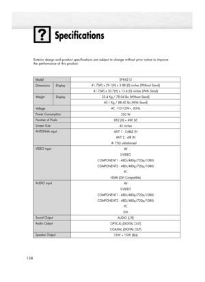 Page 138Specifications
138
Exterior design and product specifications are subject to change without prior notice to improve 
the performance of this product.
SP-R4212
41.7(W) x 29.1(H) x 3.88 (D) inches (Without Stand)
41.7(W) x 30.7(H) x 13.4 (D) inches (With Stand)
35.4 Kg / 78.04 lbs (Without Stand)
40.1 Kg / 88.40 lbs (With Stand)
AC 110
-120V~, 60Hz
330 W
852 (H) x 480 (V)
42 inches
ANT 1 - CABLE IN
ANT 2 - AIR IN
75Ωunbalanced
AV
S-VIDEO
COMPONENT1 - 480i/480p/720p/1080i
COMPONENT2 - 480i/480p/720p/1080i...