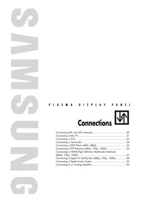 Page 19PLASMA DISPLAY PANEL
Connections
Connecting VHF and UHF Antennas ..............................................20
Connecting Cable TV....................................................................21
Connecting a VCR........................................................................23
Connecting a Camcorder ..............................................................24
Connecting a DVD Player (480i, 480p) ..........................................25
Connecting a DTV Receiver (480p, 720p,...