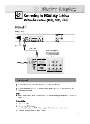 Page 2727
Connecting to HDMI (High Definition 
Multimedia Interface) (480p, 720p, 1080i)
Watching DTV
Connect the cable or antenna to the antenna input jack on the DTV.
Connect the HDMI input jack on the TV with the HDMI output jack on the DTV Set-Top Box 
using an HDMI cable.
Note
•Please make sure the HDMI source’s power is on before selecting HDMI from the “Source List”
on the TV.
To Watch DTV:
1. Turn on your TV.
2. Turn on your DTV receiver.
• For an explanation of HDMI video, see your DTV receiver owner’s...