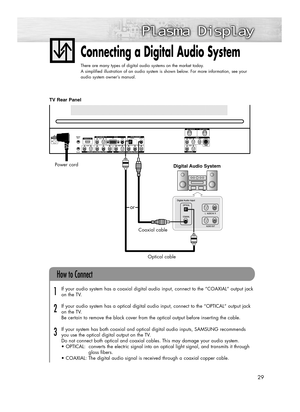 Page 2929
Connecting a Digital Audio System
There are many types of digital audio systems on the market today.
A simplified illustration of an audio system is shown below. For more information, see your
audio system owner’s manual.
If your audio system has a coaxial digital audio input, connect to the “COAXIAL” output jack 
on the TV.
If your audio system has a optical digital audio input, connect to the “OPTICAL“ output jack 
on the TV.
Be certain to remove the black cover from the optical output before...