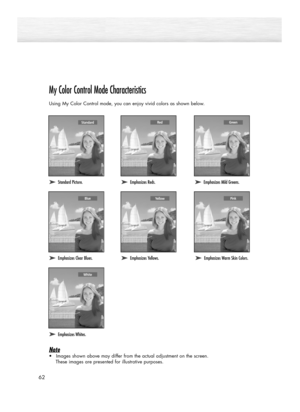 Page 6262
My Color Control Mode Characteristics
Using My Color Control mode, you can enjoy vivid colors as shown below.
Note
•Images shown above may differ from the actual adjustment on the screen. 
These images are presented for illustrative purposes.
➤ ➤Standard Picture.➤ ➤Emphasizes Reds.
➤ ➤Emphasizes Clear Blues.➤ ➤Emphasizes Yellows.➤ ➤Emphasizes Warm Skin Colors.
RedStandardGreen
White
BlueYellowPink
➤ ➤Emphasizes Mild Greens.
➤ ➤Emphasizes Whites.
BN68-00835D-00Eng_(046~063)  4/15/05  11:30 AM  Page 62 