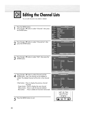 Page 8080
Editing the Channel Lists
You can edit channels to be added or deleted.
1
Press the MENU button.
Press the ▲or ▼button to select “Channel”, then press 
the ENTER button. 
2
Press the ▲or ▼button to select “Channel List”, then
press the ENTER button.
3
Press the ▲or ▼button to select “Edit”, then press the
ENTER button.
4
Press the ▲or ▼button to select Channel and the
ENTER button. Then, the channel can be deleted or 
added. The deleted channel will be dim in the channel 
list.
• Red button : Press to...