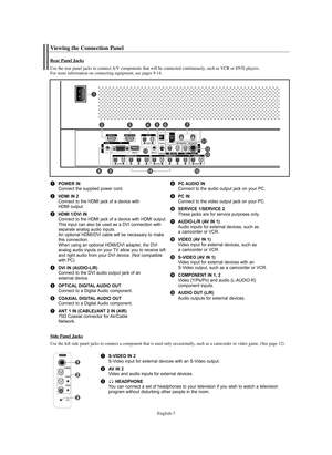 Page 7English-7
ŒPOWER IN
Connect the supplied power cord.
´HDMI IN 2
Connect to the HDMI jack of a device with 
HDMI output.
ˇHDMI 1/DVI IN
Connect to the HDMI jack of a device with HDMI output.
This input can also be used as a DVI connection with
separate analog audio inputs.
An optional HDMI/DVI cable will be necessary to make
this connection.
When using an optional HDMI/DVI adapter, the DVI
analog audio inputs on your TV allow you to receive left
and right audio from your DVI device. (Not compatible
with...