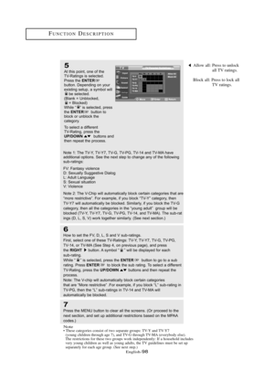 Page 104Englis\b-98
5
A\b \bhis p\fin\b, \fne \ff \bhe 
TV-Ra\bings is selec\bed.
Press \bhe 
ENTERbu\b\b\fn. Depending \fn y\fur 
exis\bing se\bup, a symb\fl will be selec\bed.
(Blank = Unbl\fcked,  = Bl\fcked)
While “    ” is selec\bed, press 
\bhe 
ENTERbu\b\b\fn \b\f 
bl\fck \fr unbl\fck \bhe 
ca\beg\fry.
T\f selec\b a differen\b 
TV-Ra\bing, press \bhe 
UP/DOWNbu\b\b\fns and 
\bhen repea\b \bhe pr\fcess.
N\f\be 1: The TV-Y, TV-Y7, TV-G, TV-PG, TV-14 and TV-MA have 
addi\bi\fnal \fp\bi\fns. See \bhe nex\b...