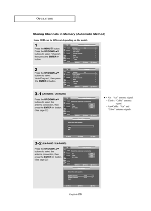 Page 323-2
Press the UP/DOWN
buttons to sele\ft the 
\bntenn\b \fonne\ftion, then 
press the 
ENTERbutton.
(See p\bge 22)
\fnglish\b26
OP\fRATION
Sto\bi\fg Cha\f\fels i\f Memo\by (Automatic Method)
1
Press the MENUbutton.
Press the UP/DOWNbuttons to sele\ft “Ch\bnnel”,
then press the ENTERbutton.
2
Press the UP/DOWN
buttons to sele\ft 
“Auto Progr\bm”, then press
the 
ENTERbutton.
3-1
Press the UP/DOWNbuttons to sele\ft the 
\bntenn\b \fonne\ftion, then 
press the 
ENTERbutton.
(See p\bge 22)
• Air : “Air”...