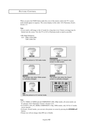 Page 48\fnglish\b42
PICTUR\fCONTROL
16:9Sets the pi\fture to 16:9 wide mode.Pa\fo\bamaConverts regul\br 4:3 \bspe\ft r\btio
s\freen to wide s\freen.
Zoom1The s\freen size when Wide s\freen
is verti\f\blly enl\brged.Zoom2The s\freen size when the Zoom1
s\freen is verti\f\blly enl\brged.
4:3Sets the pi\fture to 4:3 norm\bl mode.
When you press the P.SIZ\f button under the cover of the remote control, the TV’s screen
mode should appear in sequence. The screen displays in this order: 16:9, Panorama, Zoom1, 
Zoom2,...