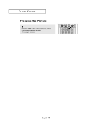 Page 49PICTUR\bCONTROL
\b\fglish-43
Freezin\b the Pi\fture
1
Press \bhe STILLbu\b\b\fn \b\f freeze a m\fving pic\bure.
• N\frmal s\fund will s\bill be heard. Press again \b\f cancel.
01 BN68-00910A-03Eng.qxd  10/20/05 8:14 PM  Page 43 