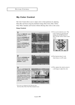 Page 54\fnglish\b48
This function doesn’t work 
when Source is in PC mode.
My Colo\b Co\ft\bol
My Color Control allows users to adjust colors to their preference by adjusting
Pink, Blue and Green using the predefined settings (Red, Green, Blue, Yellow,
Pink, White, Standard, and Custom) without affecting other colors on the screen.
Easy Co\ft\bol
1
Press  the MENUbutton
to displ\by the menu.
Press the 
UP/DOWNbuttons to sele\ft “Pi\fture”,
then press the ENTERbutton. 
Press the 
UP/DOWNbuttons to sele\ft “My...