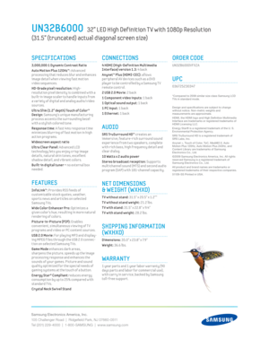 Page 2Samsung Electronics America, Inc.
105 Challenger Road  |  Ridgeﬁ eld Park, NJ 07660-0511
Tel (201) 229-4000  |  1-800-SAMSUNG  |  www.samsung.com
CONNECTIONS
4 HDMI (High-Def init ion Mult imedia 
Interface) version 1.3: 4 back
 Anynet™ Plus (HDMI-CEC): allows 
per ipheral AV dev ices such as a DVD 
player to be control led by a Samsung T V 
remote control.
2 USB 2.0 Mov ie: 2 back
1 Component v ideo inputs: 1 back
1 Opt ical sound output: 1 back
1 PC input: 1 back
1 Ethernet: 1 back
AUDIO  
SRS...