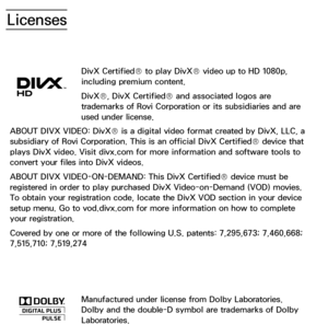 Page 657Licenses
DivX Certified® to play DivX® video up to HD 1080p, 
including premium content.
DivX®, DivX Certified® and associated logos are 
trademarks of Rovi Corporation or its subsidiaries and are 
used under license.
ABOUT DIVX VIDEO: DivX® is a digital video format created by DivX, LLC, a 
subsidiary of Rovi Corporation. This is an official DivX Certified® device that 
plays DivX video. Visit divx.com for more information and software tools to 
convert your files into DivX videos. 
ABOUT DIVX...