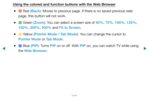 Page 263▶
English
▶
Using the colored and function buttons with the Web Browser
 
●a  Red (Back): Moves to previous page. If there is no saved previous web 
page, this button will not work.
 
●b  Green (Zoom): You can select a screen size of 50%, 75%, 100%, 125%, 
150%, 200%, 400% and Fit to Screen.
 
●{  Yellow (Pointer Mode / Tab Mode): You can change the cursor to 
Pointer Mode or Tab Mode.
 
●}  Blue (PIP): Turns PIP on or off. With PIP on, you can watch TV while using 
the Web Browser.  