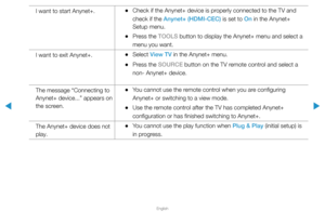 Page 307▶
English
▶
I want to start Anynet+. 
•Check if the Anynet+ device is properly connected to the TV and 
check if the Anynet+ (HDMI-CEC) is set to On in the Anynet+ 
Setup menu.
 
•Press the TOOLS button to display the Anynet+ menu and select a 
menu you want.
I want to exit Anynet+.
 
•Select View TV in the Anynet+ menu.
 
•Press the SOURCE button on the TV remote control and select a 
non- Anynet+ device.
The message “Connecting to 
Anynet+ device...” appears on 
the screen.
 
•You cannot use the remote...