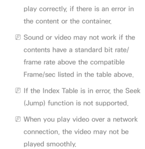 Page 694play correctly, if there is an error in 
the content or the container.
 
NSound or video may not work if the 
contents have a standard bit rate/
frame rate above the compatible 
Frame/sec listed in the table above.
 
NIf the Index Table is in error, the Seek 
(Jump) function is not supported.
 
NWhen you play video over a network 
connection, the video may not be 
played smoothly. 