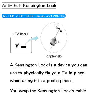 Page 698Anti-theft Kensington Lock
 for LED 7500 – 8000 Series and PDP TV 
A Kensington Lock is a device you can 
use to physically fix your TV in place 
when using it in a public place.
You wrap the Kensington Lock’s cable 
1
2

 