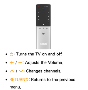 Page 615 
●P : Turns the TV on and off.
 
●w  / 
v : Adjusts the Volume.
 
●<  / 
> : Changes channels.
 
●RETURN
R: Returns to the previous 
menu. 