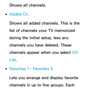 Page 8Shows all channels.
 
●Added Ch.
Shows all added channels. This is the 
list of channels your TV memorized 
during the initial setup, less any 
channels you have deleted. These 
channels appear when you select CH 
List .
 
●Favorites 1  – Favorites 5
Lets you arrange and display favorite 
channels in up to five groups. Each  