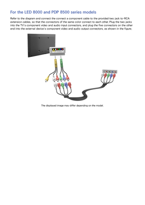 Page 158
For the LED 8000 and PDP 8500 series models
Refer to the diagram and connect the connect a component cable to the provided two jack to-RCA 
extension cables, so that the connectors of the same color connect to each other. Plug the two jacks 
into the TV’s component video and audio input connectors, and plug the five connectors on the other 
end into the external device’s component video and audio output connectors, as shown in the figure.
The displayed image may differ depending on the model. 