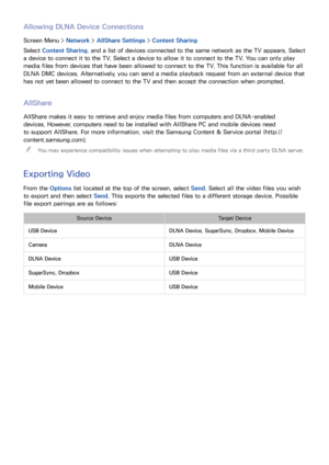 Page 142134135
Allowing DLNA Device Connections
Screen Menu > Network > AllShare Settings  > Content Sharing
Select  Content Sharing , and a list of devices connected to the same network as the TV appears. Select 
a device to connect it to the TV. Select a device to allow it to connect to the TV. You can only play 
media files from devices that have been allowed to connect to the TV. This function is available for all 
DLNA DMC devices. Alternatively, you can send a media playback request from an external device...