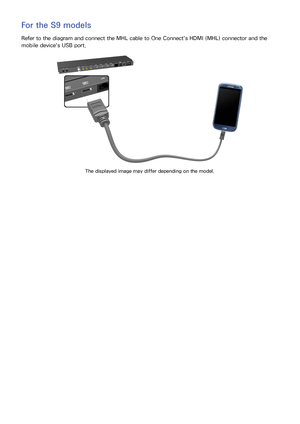 Page 302223
For the S9 models
Refer to the diagram and connect the MHL cable to One Connect's HDMI (MHL) connector and the 
mobile device's USB port.
The displayed image may differ depending on the model. 