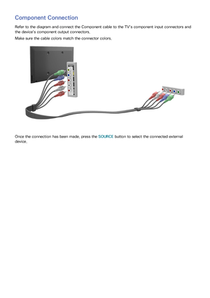 Page 1610
Component Connection
Refer to the diagram and connect the Component cable to the TV's component input connectors and 
the device's component output connectors.
Make sure the cable colors match the connector colors.
Once the connection has been made, press the SOURCE button to select the connected external 
device. 