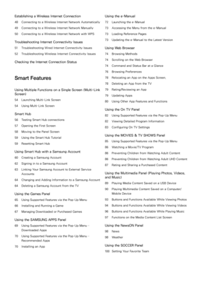 Page 3Establishing a Wireless Internet Connection
48 Connecting to a Wireless Internet Network Automatically
49  Connecting to a Wireless Internet Network Manually
50  Connecting to a Wireless Internet Network with WPS
Troubleshooting Internet Connectivity Issues
51 Troubleshooting Wired Internet Connectivity Issues
52  Troubleshooting Wireless Internet Connectivity Issues
Checking the Internet Connection Status
Smart Features
Using Multiple Functions on a Single Screen (Multi-Link 
Screen)
54 Launching...