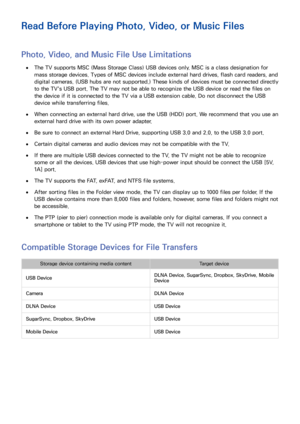 Page 217210211
Read Before Playing Photo, Video, or Music Files
Photo, Video, and Music File Use Limitations
 
●The TV supports MSC (Mass Storage Class) USB devices only. MSC is a class designation for 
mass storage devices. Types of MSC devices include external hard drives, flash card readers, and 
digital cameras. (USB hubs are not supported.) These kinds of devices must be connected directly 
to the TV's USB port. The TV may not be able to recognize the USB device or read the files on 
the device if it is...