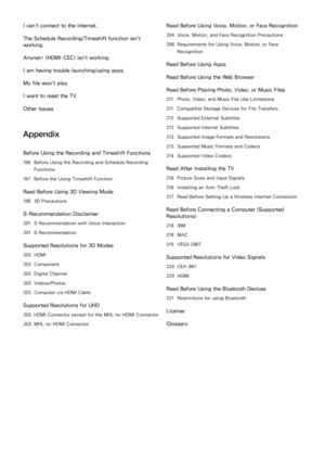 Page 6I can't connect to the Internet.
The Schedule Recording/Timeshift function isn't 
working.
Anynet+ (HDMI-CEC) isn't working.
I am having trouble launching/using apps.
My file won't play.
I want to reset the TV.
Other Issues
Appendix
Before Using the Recording and Timeshift Functions
196 Before Using the Recording and Schedule Recording 
Functions
197  Before the Using  Timeshift Function
Read Before Using 3D Viewing Mode
198 3D Precautions
S-Recommendation Disclaimer
201 S Recommendation...