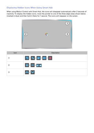 Page 125118119
Displaying Hidden Icons When Using Smart Hub
When using Motion Control with Smart Hub, the icons will disappear automatically after 2 seconds of 
inactivity. To display the hidden icons, move the pointer to one of the three edge areas shown below 
(marked in blue) and then hold it there for 1 second. The icons will reappear on the screen.
IconDescription
①
 /  /  /  / 
② /  / 
③ /  