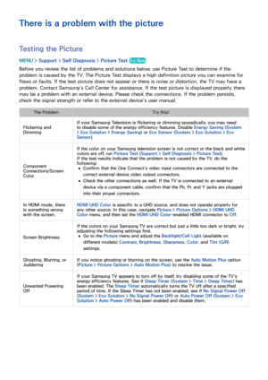 Page 205198199
There is a problem with the picture
Testing the Picture
MENU > Support >  Self Diagnosis >  Picture Test Try Now
Before you review the list of problems and solutions below, use Picture Test to determine if the 
problem is caused by the TV. The Picture Test displays a high definition picture you can examine for 
flaws or faults. If the test picture does not appear or there is noise or distortion, the TV may have a 
problem. Contact Samsung’s Call Center for assistance. If the test picture is...