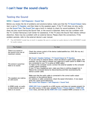 Page 207200201
I can't hear the sound clearly
Testing the Sound
MENU > Support >  Self Diagnosis >  Sound Test
Before you review the list of problems and solutions below, make sure that the TV Sound Output  menu 
item is set to TV Speaker, and then listen to the speakers again. If the TV still does not play audio, 
run the Sound Test. The Sound Test uses a built-in melody to check for sound problems. If the TV 
does not play sound during the Sound Test, or the sound is distorted, there may be a problem with...