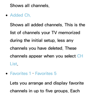 Page 8Shows all channels.
 
●Added Ch.
Shows all added channels. This is the 
list of channels your TV memorized 
during the initial setup, less any 
channels you have deleted. These 
channels appear when you select CH 
List .
 
●Favorites 1  – Favorites 5
Lets you arrange and display favorite 
channels in up to five groups. Each  