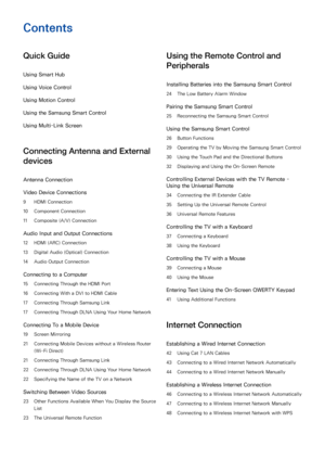 Page 2Contents
Quick Guide
Using Smart Hub
Using  Voice Control
Using  Motion Control
Using the Samsung Smart Control
Using  Multi-Link Screen
Connecting Antenna and External 
devices
Antenna Connection
Video Device Connections
9 HDMI Connection
10  Component Connection
11  Composite (A/V) Connection
Audio Input and Output Connections
12 HDMI (ARC) Connection
13  Digital Audio (Optical) Connection
14  Audio Output Connection
Connecting to a Computer
15 Connecting Through the HDMI Port
16  Connecting With a DVI...