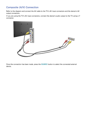 Page 171011
Composite (A/V) Connection
Refer to the diagram and connect the AV cable to the TV's AV input connectors and the device's AV 
output connectors.
If you are using the TV's AV input connectors, connect the device's audio output to the TV using a Y 
connector.
Once the connection has been made, press the SOURCE button to select the connected external 
device. 