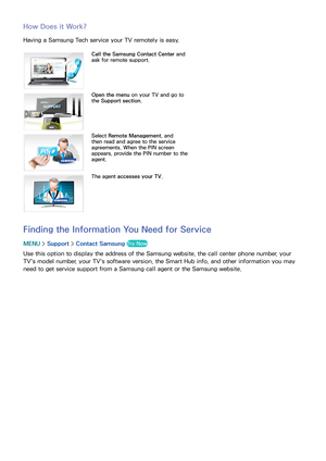 Page 188182
How Does it Work?
Having a Samsung Tech service your TV remotely is easy.
Call the Samsung Contact Center and 
ask for remote support.
Open the menu  on your TV and go to 
the Support section .
Select Remote Management, and 
then read and agree to the service 
agreements. When the PIN screen 
appears, provide the PIN number to the 
agent.
The agent accesses your TV .
Finding the Information You Need for Service
MENU > Support >  Contact Samsung  Try Now
Use this option to display the address of the...