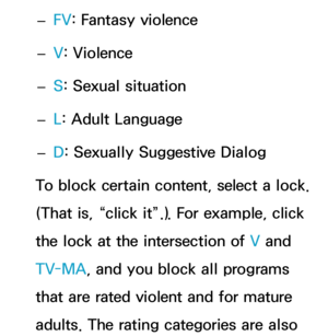 Page 187 
– FV
: Fantasy violence
 
– V
: Violence
 
– S: Sexual situation
 
– L: Adult Language
 
– D: Sexually Suggestive Dialog
To block certain content, select a lock. 
(That is, “click it”.). For example, click 
the lock at the intersection of V and 
TV-MA, and you block all programs 
that are rated violent and for mature 
adults. The rating categories are also  