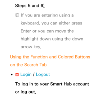 Page 364Steps 5 and 6).
 
NIf you are entering using a 
keyboard, you can either press 
Enter or you can move the 
highlight down using the down 
arrow key.
Using the Function and Colored Buttons 
on the Search Tab
 
●a  Login / 
Logout
To log in to your Smart Hub account 
or log out. 