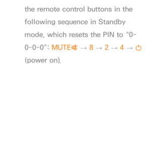 Page 189the remote control buttons in the 
following sequence in Standby 
mode, which resets the PIN to “0-
0-0-0”: MUTE
M 
→  8 
→ 2 
→ 4 
→ 
P  
(power on). 