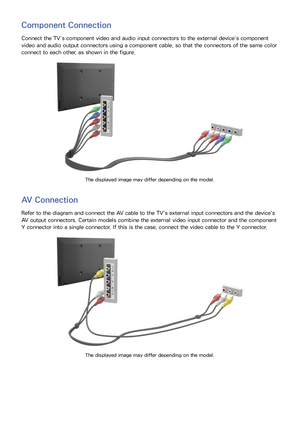 Page 1245
Component Connection
Connect the TV’s component video and audio input connectors to the external device’s component 
video and audio output connectors using a component cable, so that the connectors of the same color 
connect to each other, as shown in the figure.
The displayed image may differ depending on the model.
AV Connection
Refer to the diagram and connect the AV cable to the TV's external input connectors and the device's 
AV output connectors. Certain models combine the external...