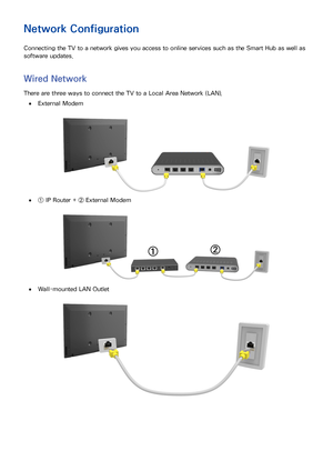 Page 261819
Network Configuration
Connecting the TV to a network gives you access to online services such as the Smart Hub as well as 
software updates.
Wired Network
There are three ways to connect the TV to a Local Area Network (LAN). 
 
●External Modem
 
●① IP Router + ② External Modem
 
●Wall-mounted LAN Outlet 