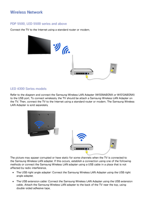 Page 2720
Wireless Network
PDP 5500, LED 5500 series and above
Connect the TV to the Internet using a standard router or modem.
LED 4300 Series models
Refer to the diagram and connect the Samsung Wireless LAN Adapter (WIS09ABGNX or WIS12ABGNX) 
to the USB port. To connect wirelessly, the TV should be attach a Samsung Wireless LAN Adapter on 
the TV. Then, connect the TV to the Internet using a standard router or modem. The Samsung Wireless 
LAN Adapter is sold separately.
The picture may appear corrupted or...