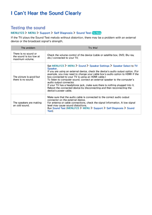 Page 140134
I Can't Hear the Sound Clearly
Testing the sound
MENU/123  MENU  Support  Self Diagnosis  Sound Test Try Now
If the TV plays the Sound Test melody without distortion, there may be a problem with an external 
device or the broadcast signal's strength.
The problemTry this!
There is no sound or 
the sound is too low at 
maximum volume.
Check the volume control of the device (cable or satellite box, DVD, Blu-ray, 
etc.) connected to your TV.
The picture is good but 
there is no sound.
Set...