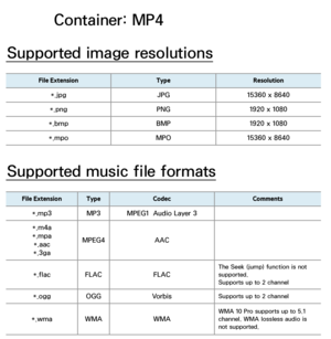 Page 662Container: MP4
Supported image resolutions
File Extension TypeResolution
*.jpg JPG15360 x 8640
*.png PNG1920 x 1080
*.bmp BMP1920 x 1080
*.mpo MPO15360 x 8640
Supported music file formats
File ExtensionType Codec Comments
*.mp3 MP3MPEG1  Audio Layer 3
*.m4a
*.mpa *.aac
*.3ga MPEG4
AAC
*.flac FLAC FLAC
The Seek (jump) function is not 
supported.
Supports up to 2 channel
*.oggOGG VorbisSupports up to 2 channel
*.wmaWMA WMA
WMA 10 Pro supports up to 5.1 
channel. WMA lossless audio is 
not supported. 