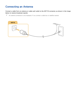 Page 148
Connecting an Antenna
Connect a cable from an antenna or cable wall outlet to the ANT IN connector, as shown in the image 
below to receive broadcast signals.
 "An antenna connection is not necessary if you connect a cable box or satellite receiver.
Connections
You can enjoy broadcasts, Internet and external device's screen on the TV by connecting an antenna and external device. Connect an antenna, video device, external audio device, computer, or mobile device to the TV. 