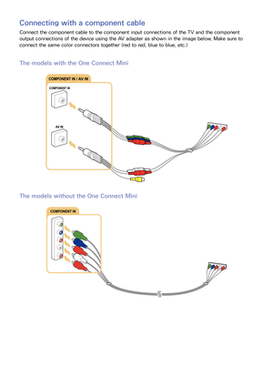 Page 211415
Connecting with a component cable
Connect the component cable to the component input connections of the TV and the component 
output connections of the device using the AV adapter as shown in the image below. Make sure to 
connect the same color connectors together (red to red, blue to blue, etc.)
The models with the One Connect Mini
The models without the One Connect Mini 