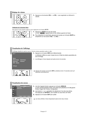 Page 77Français-15
Visualisation des menus
1.Une fois l’appareil allumé, appuyez sur le bouton MENU.Le menu principal apparaît à l’écran. Cinq icônes sont présentes sur le côté gauche :Entrée, Image, Son, Chaîne, Configuration.
2.Les boutons ou permettent de sélectionner l'une des cinq icônes.
Puis appuyez sur ENTERpour accéder au sous-menu de l’icône.
3.Appuyez sur le bouton EXIT pour quitter.
Les menus affichés à l’écran disparaissent après environ deux minutes.
Visualisation de l’affichage
1.Appuyez...